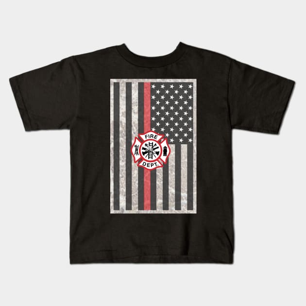 Firefighter Gifts, Thin Red Line Flag with Emblem Kids T-Shirt by 3QuartersToday